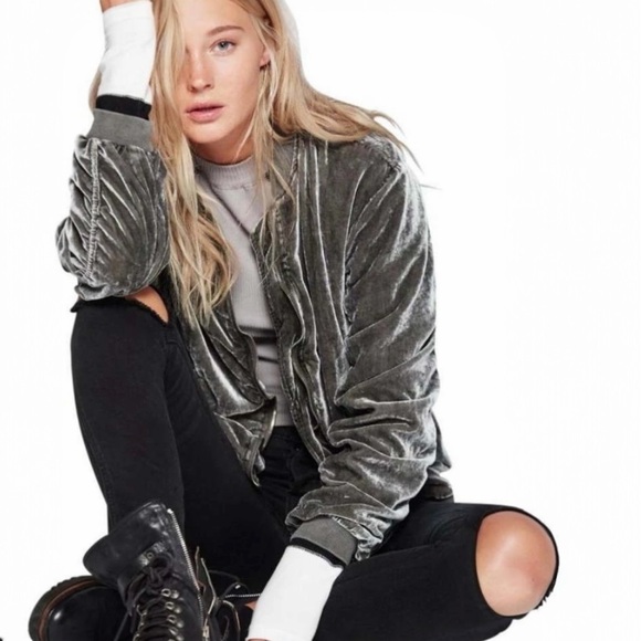 Free People Jackets & Blazers - Free People Runched Gray Velvet Bomber Jacket.